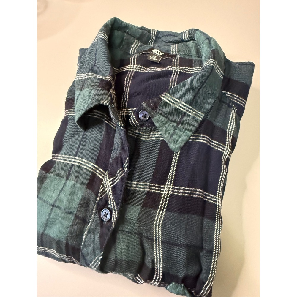 A&J Women Green Navy Blue Plaid Rayon Button Down Long Sleeve Shirt Medium